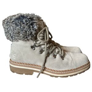 Sam Edelman Bowen Gray Suede Lace Up Faux Fur Trim Lug Sole Ankle Boots - 7
